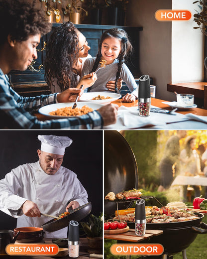 FORLIM Gravity Electric Salt and Pepper Grinder Set, Automatic Pepper Grinder Shakers Mill, Upgraded Batteries Powered Adjustable Coarseness with LED, One Hand Operation Perfect for Kitchen(Black)