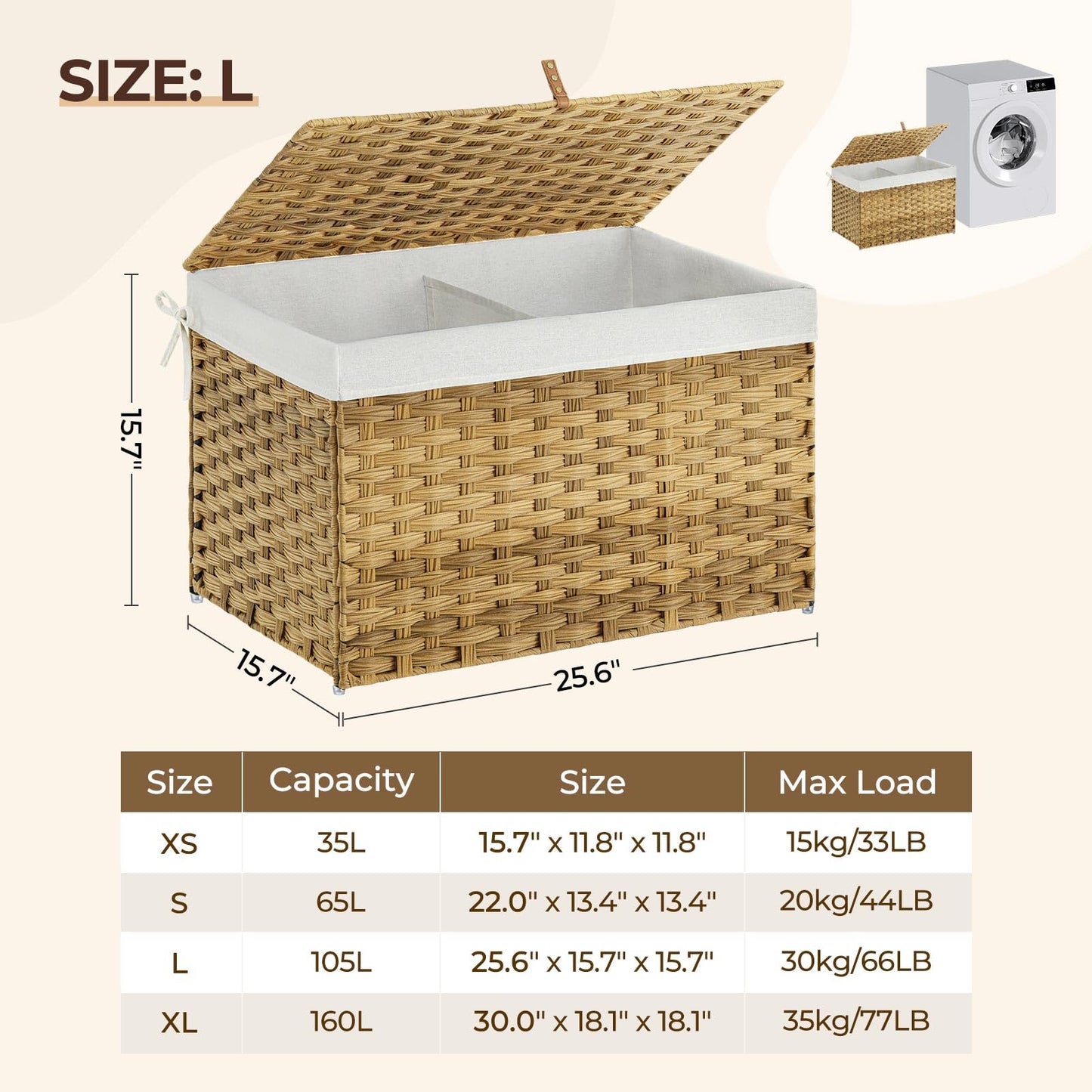 GREENSTELL Storage Basket with Lid, 27.7 Gallon(105L) Lagre Wicker Blanket Storage Basket with Handles, Foldable, 2 Removable Liner Bags, Metal Frame, for Bedroom, Laundry Room, Natural