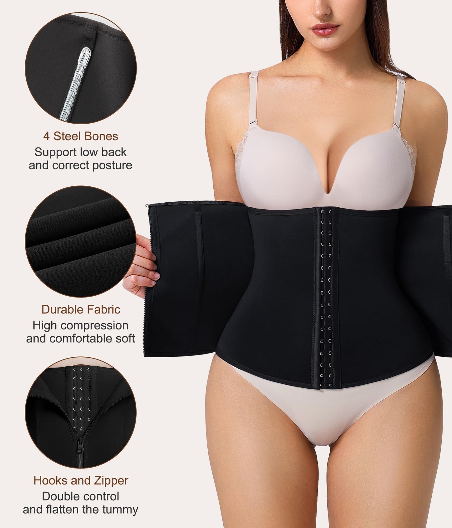 URSEXYLY Women Waist Trainer Corset Zipper Hook Shapewear Double Control Body Shaper Tummy Control Waist Cincher (3XL, Black)