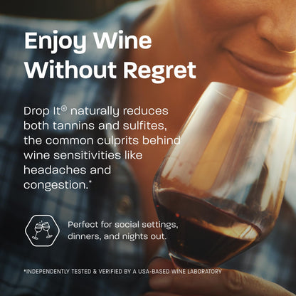 Drop It Wine Drops, Original - 10 mL, 2 Pack - Naturally Reduces Sulfites & Tannins in Red, White & Sparkling Wines - Portable, Easy to Use - Treats Up to 55 Glasses/9 Bottles of Wine Each - USA Made
