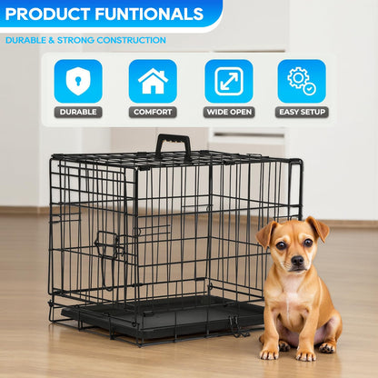 FDW Dog Crate for Small Dogs 18 Inch Folding Metal Wire Pet Cage Single Door W/Divider Panel Indoor Outdoor Kennel Leak-Proof Plastic Tray,Black