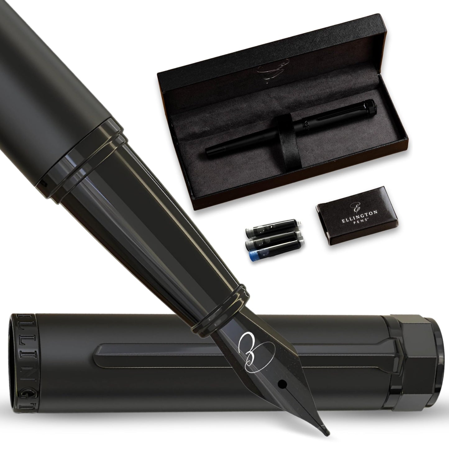 Ellington Pen Luxury Fountain Pen Set - Fountain Pens For Writing - Smooth Medium Nib - Includes Refillable Ink Converter, 3 Ink Cartridges, Gift Box - Calligraphy, Journaling, Sketching (The Stealth)