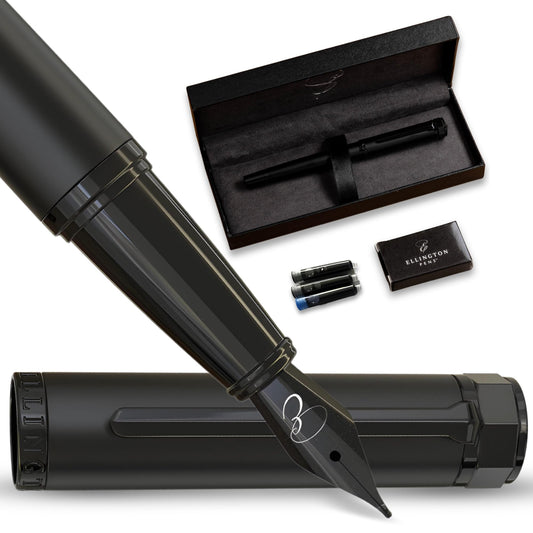 Ellington Pen Luxury Fountain Pen Set - Fountain Pens For Writing - Smooth Medium Nib - Includes Refillable Ink Converter, 3 Ink Cartridges, Gift Box - Calligraphy, Journaling, Sketching (The Stealth)