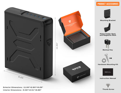 RPNB Gun Safe,Mounted Biometric Nightstand Handgun Safe with Quick Access Sliding Door, Pistol Safes for Wall Bedside Desk Vehicle with the Fingerprint, Keypad, Pistol Holder,Carbon Knight Series