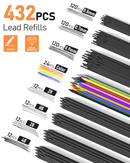 Four Candies 25PCS Art Mechanical Pencil Set with Case, 3PCS Metal Artist Lead Pencil 0.5, 0.7, 0.9 mm & 3PCS 2mm Holder (HB 2H 2B 4B Color) with 432PCS Graphite Lead Refills for Drawing Sketching