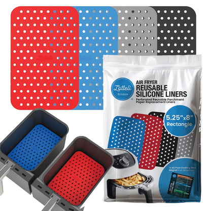 Reusable Air Fryer Liners 4 Pack for Dual Basket Fryers - Rectangle Silicone Airfryer Liners - 5.25 x 8” for Basket - Easy to Clean Air Fryer Accessories - Non-Stick Parchment Paper Replacement