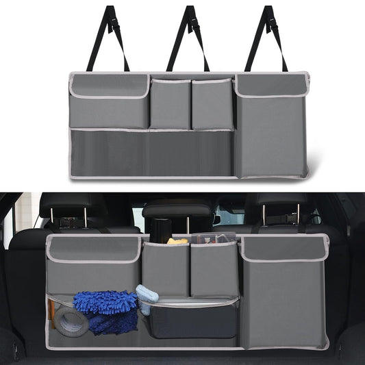 UYYE Trunk Hanging Organizer, Backseat Storage Bag, Collapsible Car Interior Accessories with 4 Pockets & 2 Mesh Pouches for Tools, Provide More Storage Trunk Space for SUV, Jeep, MPVs (Grey)