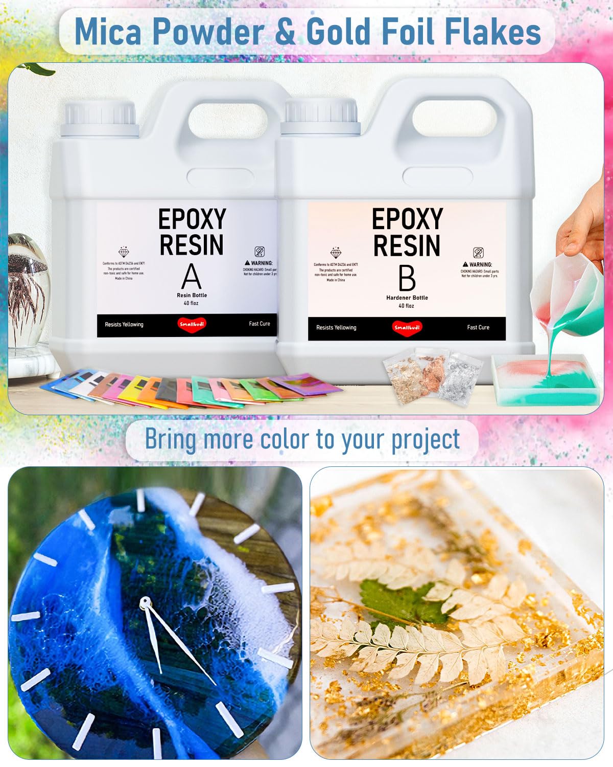 Smallbudi 80 Oz Epoxy Resin Kit with 16 Colors Mica Powder, Gold Foil, Cups & Stick, Crystal Clear Resin Beginner Supplies for Coating Casting Table, Molds, Jewelry Making, DIY Art Craft, 1:1 Ratio