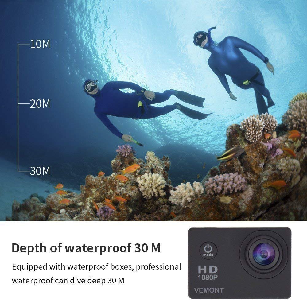 VEMONT Action Camera, 1080P 12MP Sports Camera Full HD 2.0 Inch Action Cam 30m/98ft Underwater Waterproof Snorkel surf Camera with Wide-Angle Lens and Mounting Accessories Kit