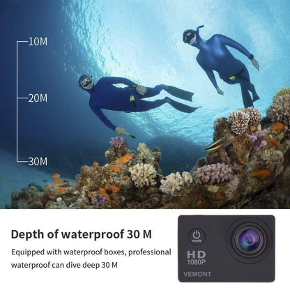 VEMONT Action Camera, 1080P 12MP Sports Camera Full HD 2.0 Inch Action Cam 30m/98ft Underwater Waterproof Snorkel surf Camera with Wide-Angle Lens and Mounting Accessories Kit