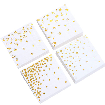 100 PK Gold Napkins - 4 Assorted Designs - 3-Ply Cocktail Napkins Folded 5 x 5 Inches Bar Napkins Disposable Party Napkins Paper Napkins Dinner for Wedding Baby Shower Birthday Graduation 2023