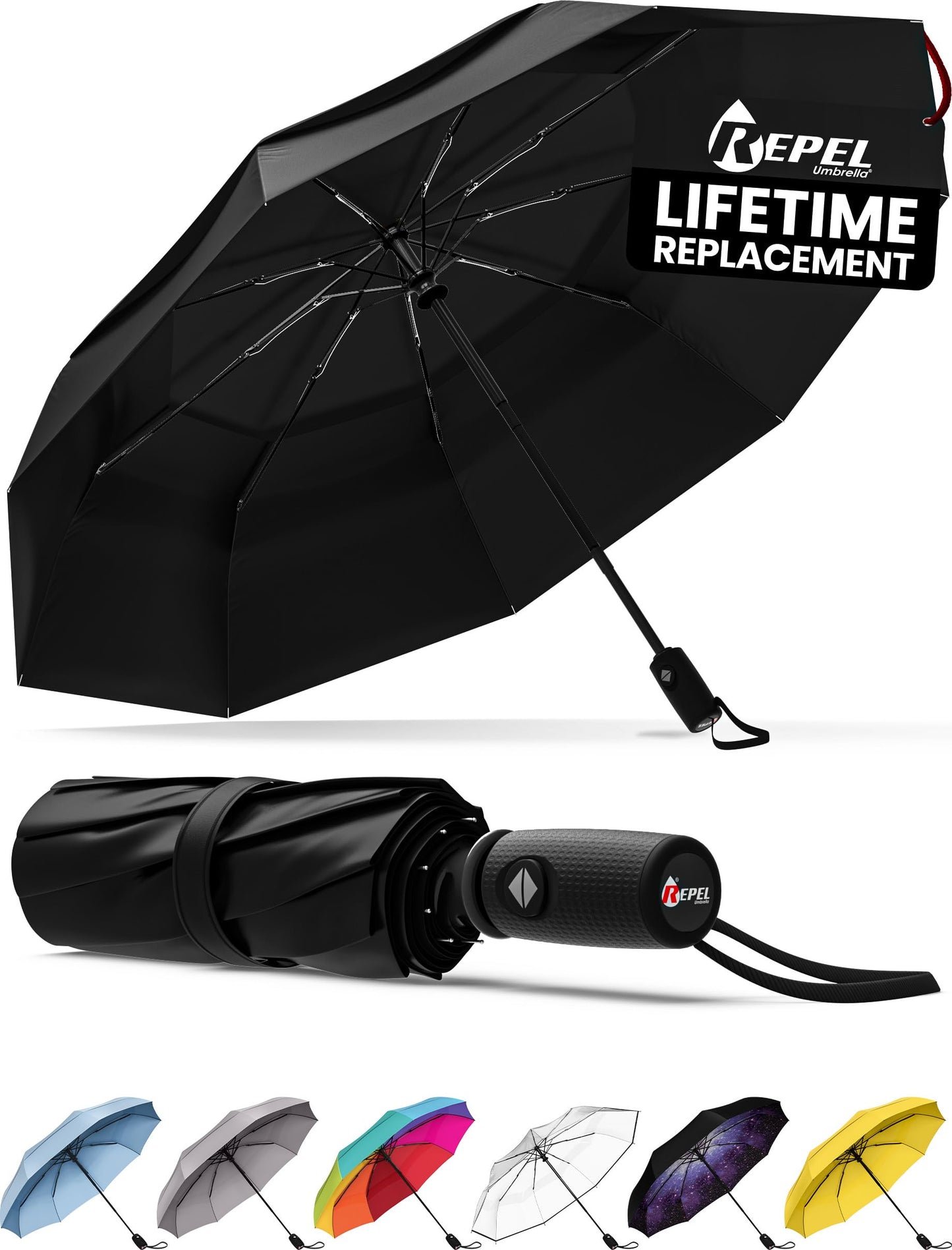 REPEL Windproof Travel Umbrella - Compact & Withstands Winds up to 85MPH, Strongest Premium Auto Folding Umbrella for Rain and Sun - Durable, Light & Portable for Women & Men, Fits Backpack & Cars