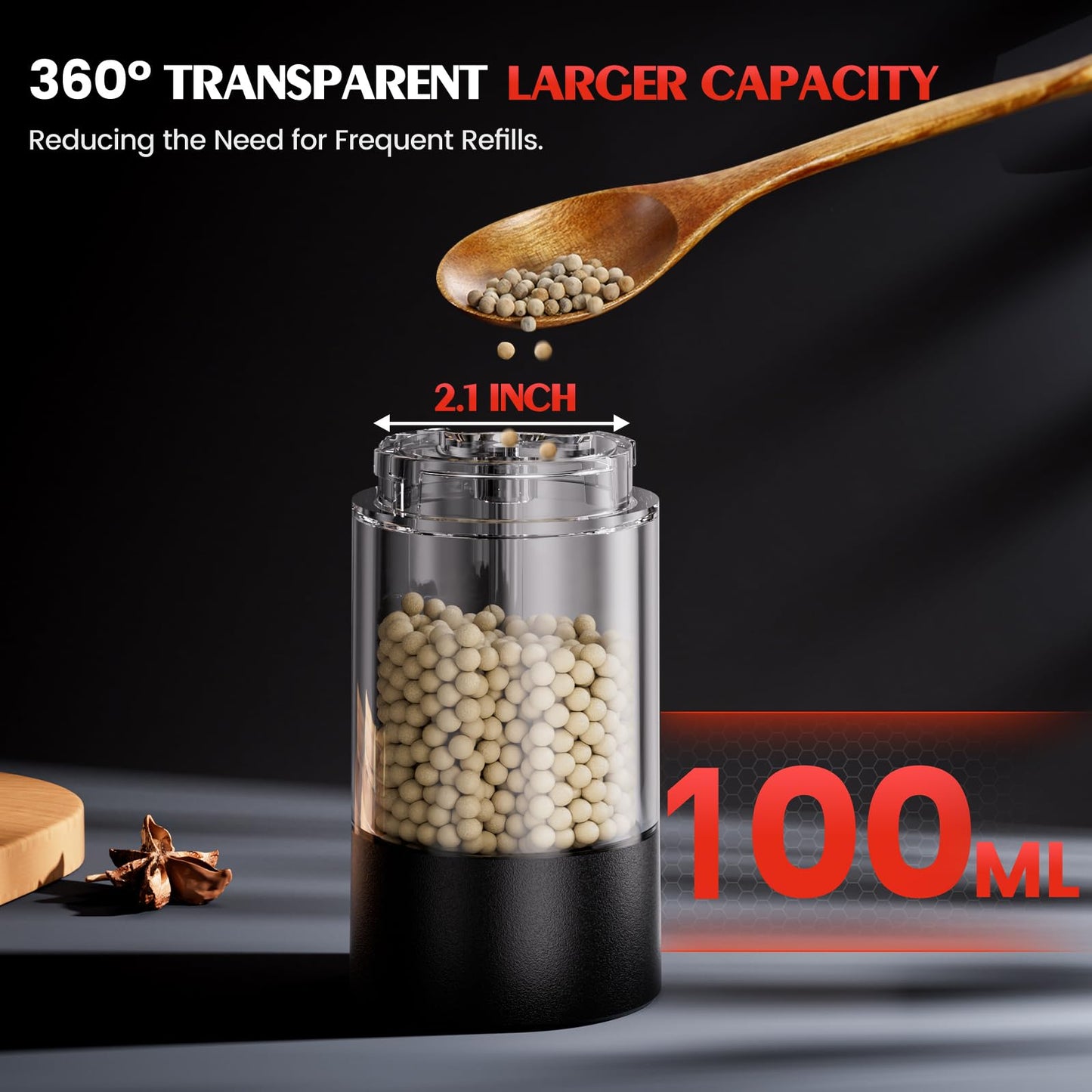 Electric Salt and Pepper Grinder Set Automatic Battery Pepper Mill Shakers Adjustable Coarseness Easy Filling Upgraded Larger Capacity with Led Kitchen Appliances (2 Pack Black/Black）