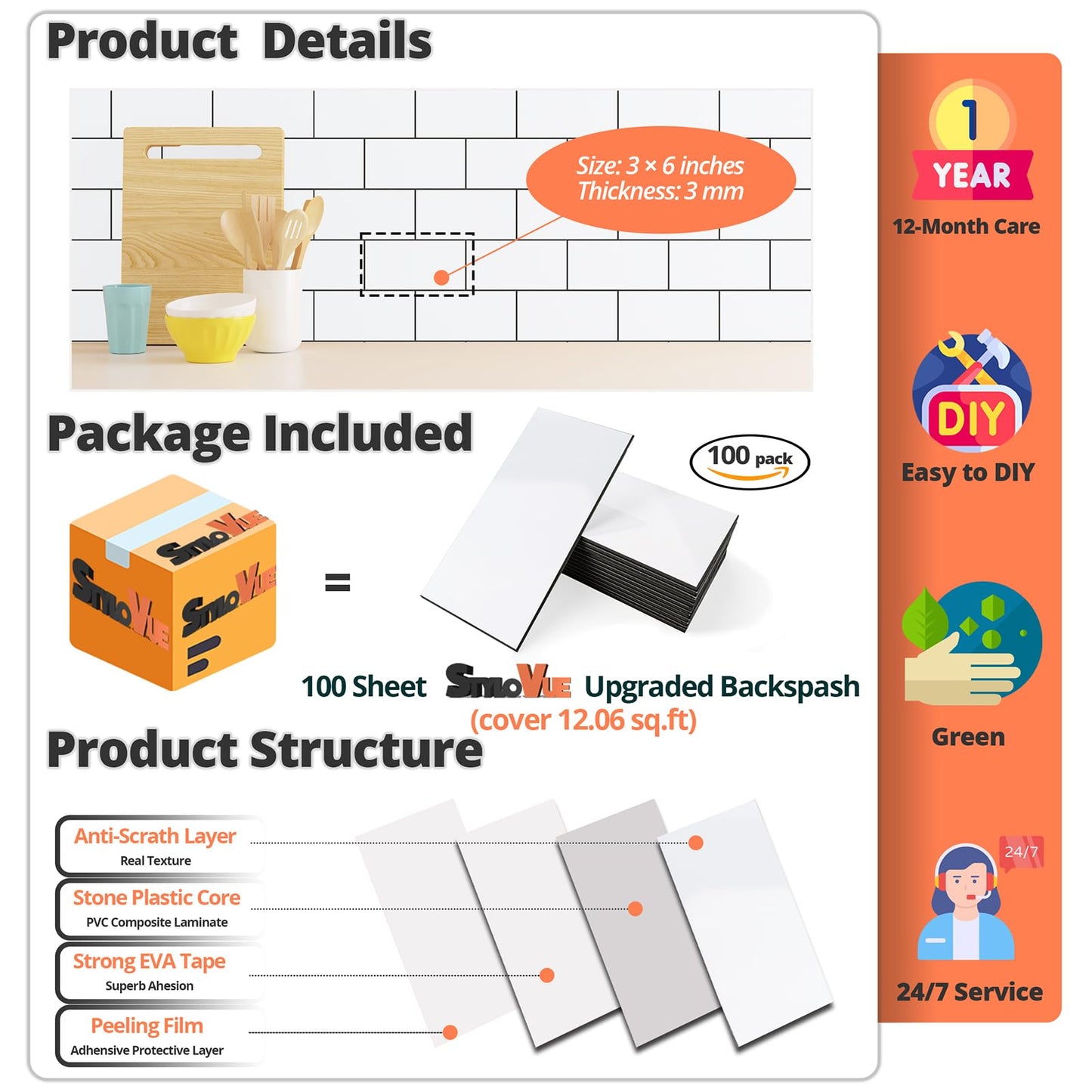 StyloVue 100 Pieces Peel and Stick Backsplash for Kitchen, 3" x 6" PVC Subway Tile 2025 Upgraded Glossy White with Dark Gray Grout Backsplash Stick on Tile Elevate Kitchen, Bathroom, Fireplace,RV