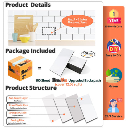 StyloVue 100 Pieces Peel and Stick Backsplash for Kitchen, 3" x 6" PVC Subway Tile 2025 Upgraded Glossy White with Dark Gray Grout Backsplash Stick on Tile Elevate Kitchen, Bathroom, Fireplace,RV