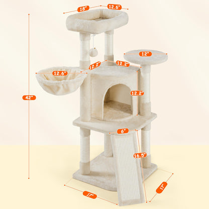 Yaheetech Cat Tree, 42in Play Tower for Indoor Cats, Kitten House with Large Perch & Scratching Posts & Cozy Condo & Scratching Ramp, Cat Furniture Activity Center, Beige