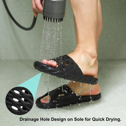 FINLEOO Shower Sandal Slippers with Drainage Holes Quick Drying Bathroom Gym Shower Shoes Soft Sole Open Toe House Slippers for Men and Women,Black 40.41