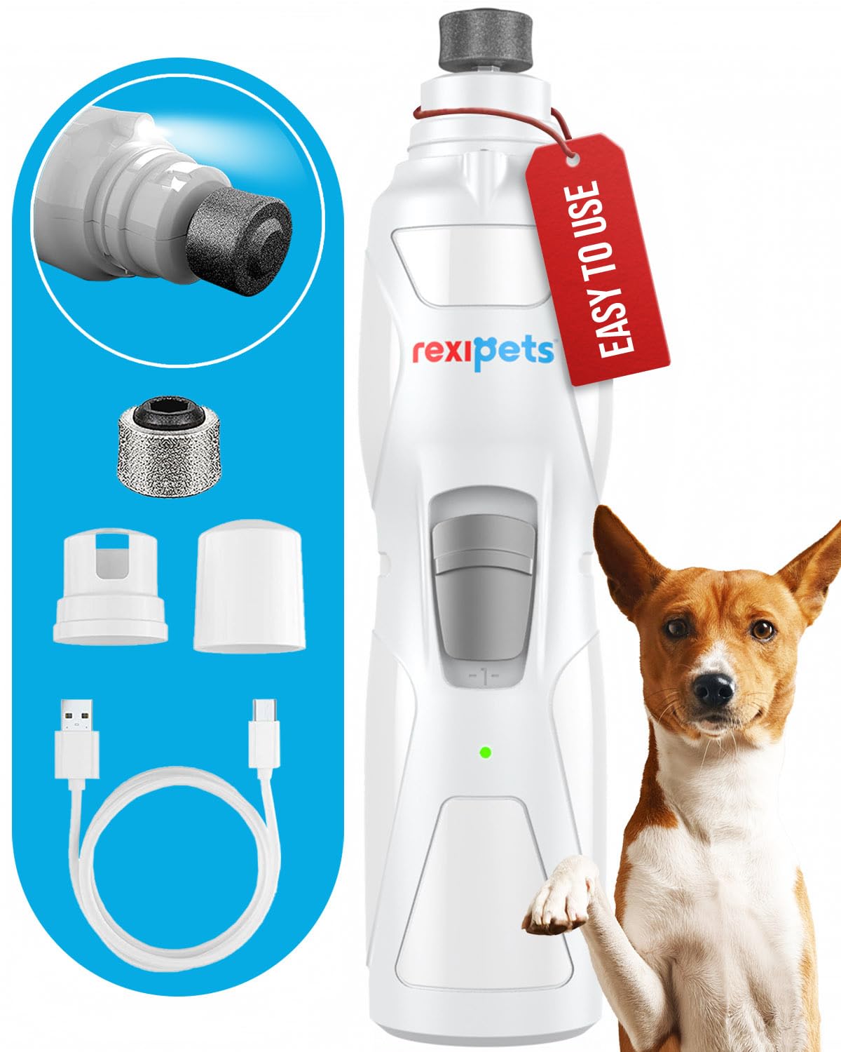 REXIPETS Cat and Dog Nail Grinder - Rechargeable Electric Pet Nail Clipper & Trimmer- Painless Paws Grooming - Quiet 2-Speed Motor. 3 Size Ports for Small, Medium, Large Pets- Up to 4 Hours of Charge