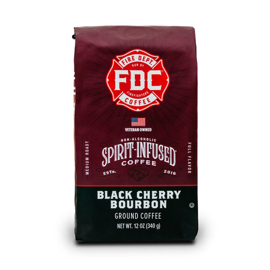 Fire Department Coffee - Black Cherry Bourbon Coffee - Gives Back to Firefighters - Premium Bourbon Infused Ground - Non-Alcoholic - Roasted in the USA - Veteran Owned - 12 oz
