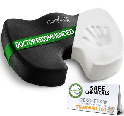 ComfiLife Premium Comfort Seat Cushion - Non-Slip Orthopedic 100% Memory Foam Coccyx Cushion for Tailbone Pain - Cushion for Office Chair Car Seat - Back Pain & Sciatica Relief (Black)