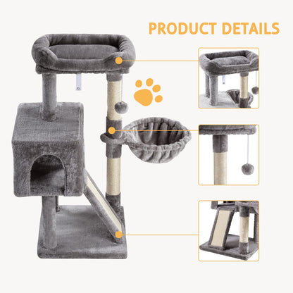 SHA CERLIN Cat Tree 36 Inches Cat Tower with Hammock, Sisal Scratching Post for Indoor Kittens, Small Room, Grey