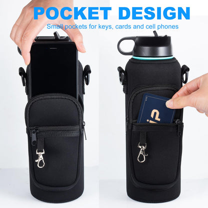 RRegeny Water Bottle Holder with Strap for Hydroflask 32oz 40oz, Carrier Sling Bag with Phone Pocket Sleeve for Men Women Hiking Camping Travelling（black24/32oz）