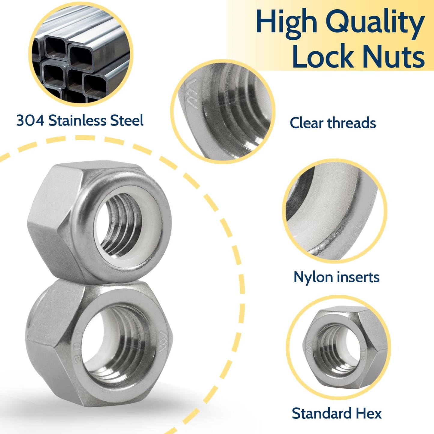 Vifmy 110 Pack 1/4"-20 Inch Lock Nuts,304 (A2-70) Stainless Steel Nylon Insert Locknuts,Standard Inch Thread Nylock Nuts