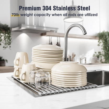 Tomorotec 17.7" x 12.5" Roll Up Dish Drying Rack Over Sink Drying Rack Sink Cover Kitchen Sink Accessories Gadget Multipurpose Organizer Foldable Stainless Steel Drainer