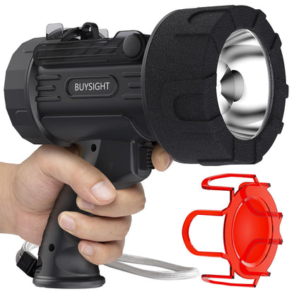 BUYSIGHT Rechargeable Spotlight Flashlight,1000,000 lumens Hand held Spotlight Waterproof Flashlight Hunting Lamp with red Filter (Graphite Black)