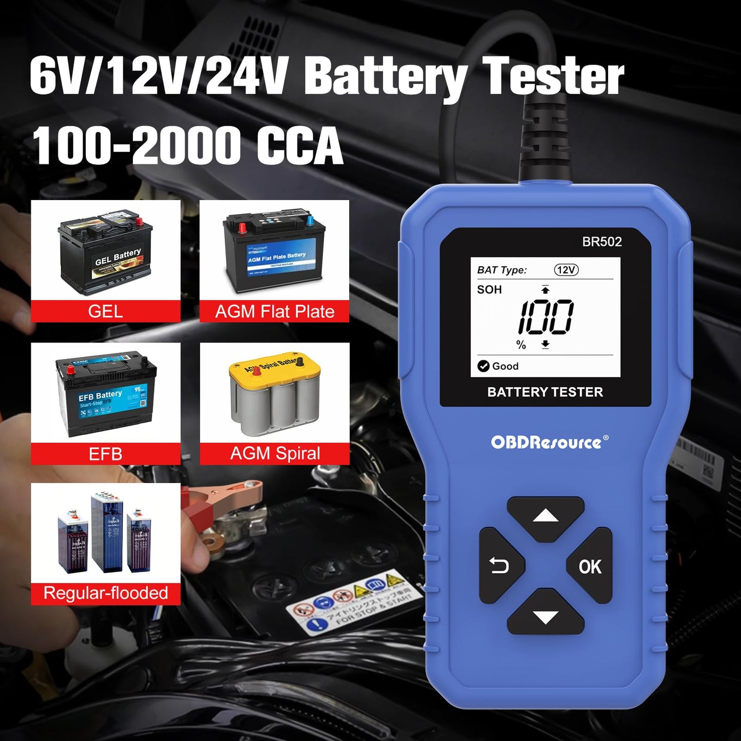 Car Battery Tester 6V 12V 24V Battery Voltage Tester, BR502 100-2000 CCA 2Ah-220Ah Internal Resistance Tester Automotive Accurate Digital Auto Battery Analyzer for Car Truck Marine Motorcycle SUV Boat
