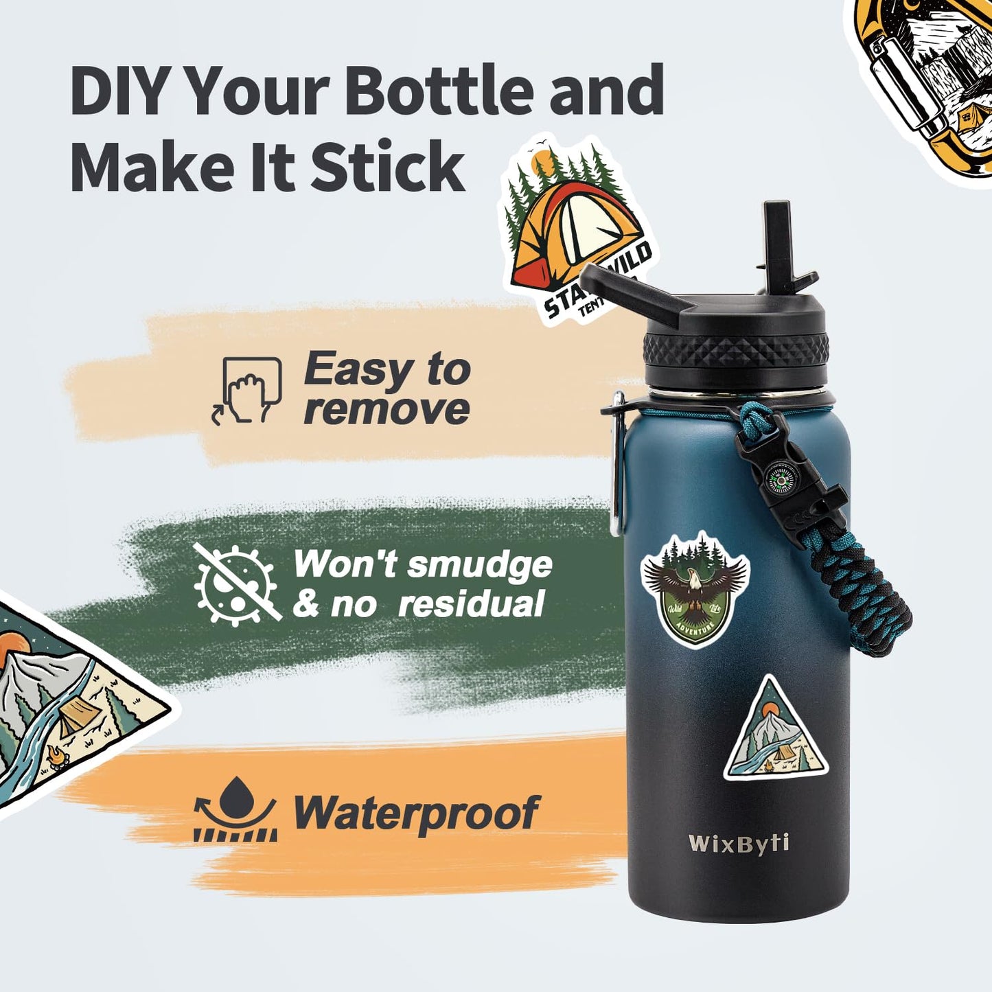 WixByti 32 oz Insulated Water Bottle with Straw (Cold for 48 Hrs), Stainless Steel Triple Wall Vacuum Sports Water Jug, Leakproof Hydro Cup Flask with Paracord Handle & Straw Spout Lids & DIY Stickers