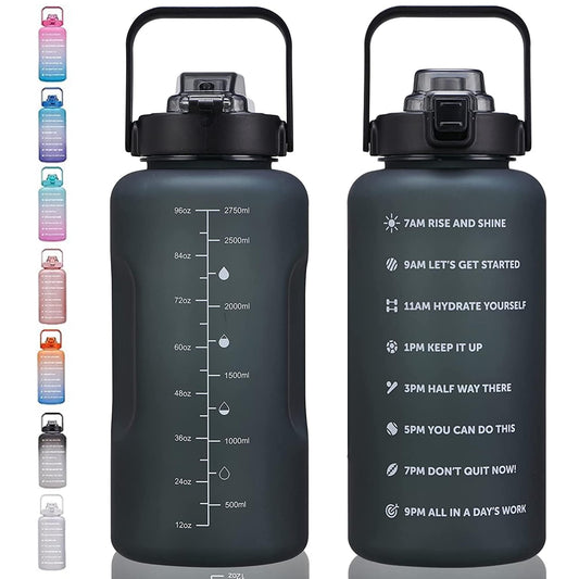 ST-YIBEN 100oz Large Motivational Water Bottle with Time Marker,Leakproof & BPA Free 3 Liter Black Gallon Water Bottle with Straw & Handle Tritan Frosted Water Jug for Women Men to Fitness,Gym,Sports