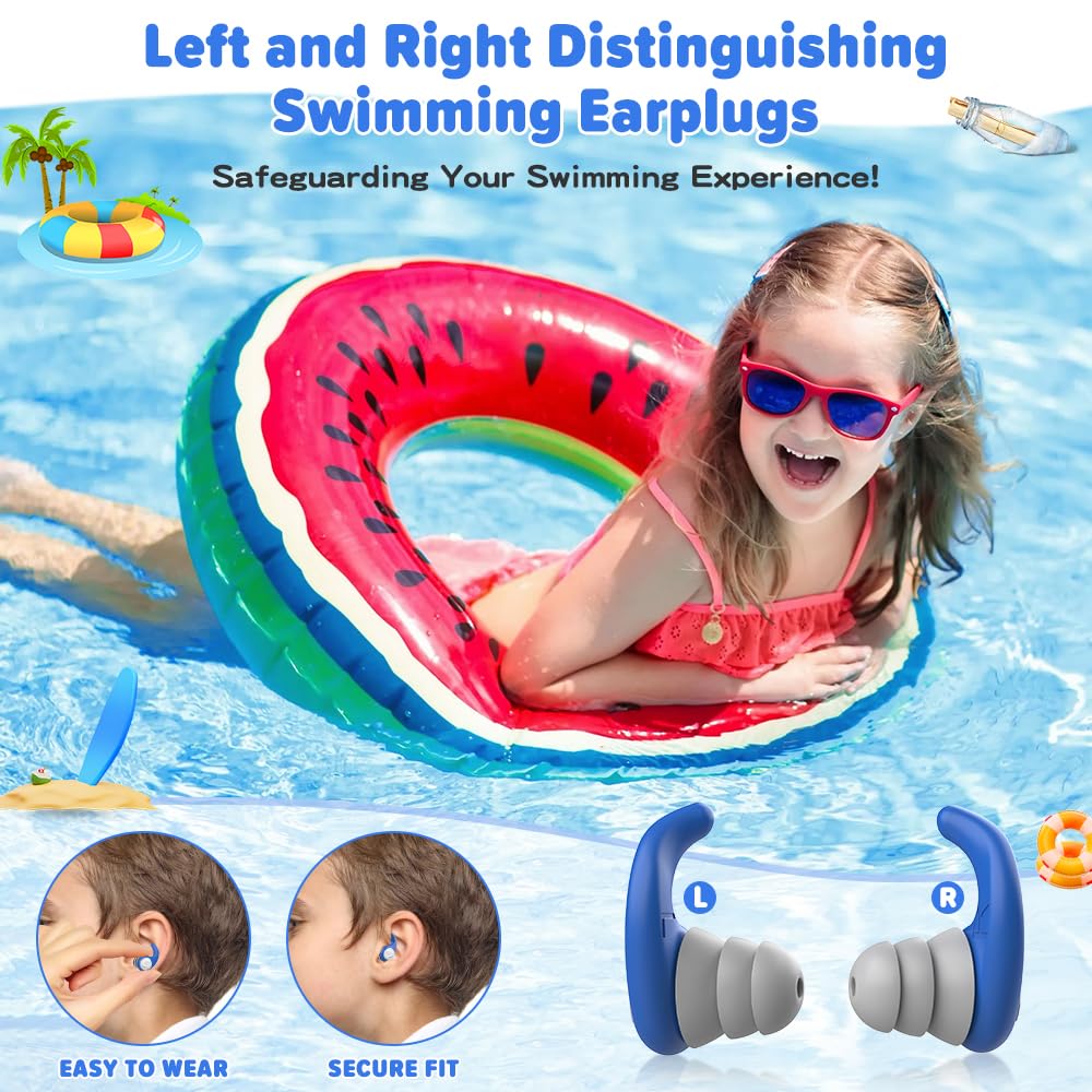 Waterproof Swimming Ear Plugs for Kids - 2 Pairs of Reusable Soft Silicone Swim Earplugs,Ear Protection for Children (4-12 Years Old) - Ideal for Surfing, Diving, Pool, Showering, and Water Sports