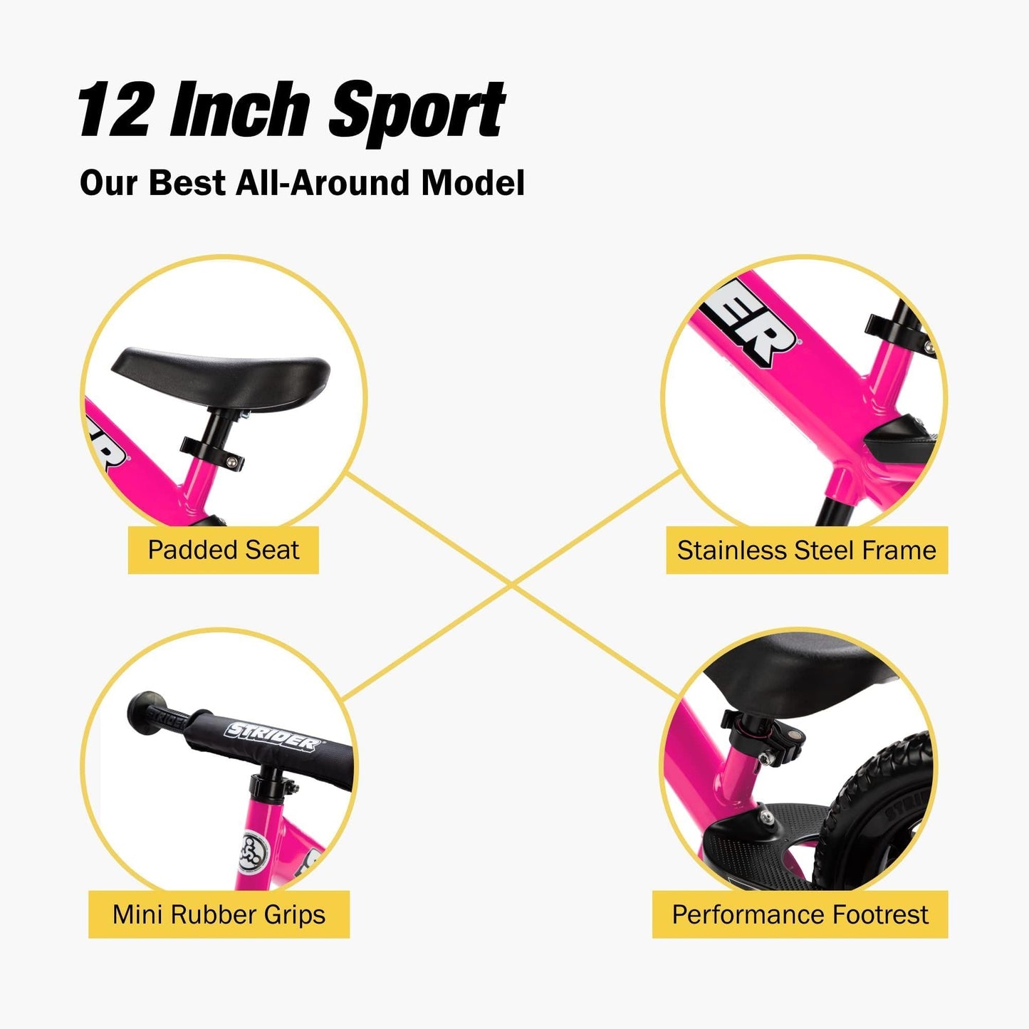 Strider 12” Sport Bike, Pink - No Pedal Balance Bicycle for Kids 1 to 4 Years - Includes Safety Pad, Padded Seat, Mini Grips & Flat-Free Tires - Tool-Free Assembly & Adjustments