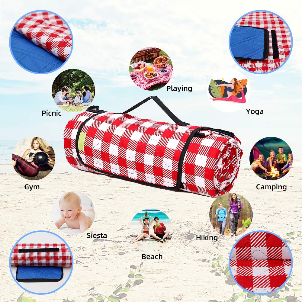 Three Donkeys Machine Washable Extra Large Picnic & Beach Blanket Handy Mat Plus Thick Dual Layers Sandproof Waterproof Padding Portable for the Family, Friends, Kids, 79"x79" (Red and white)