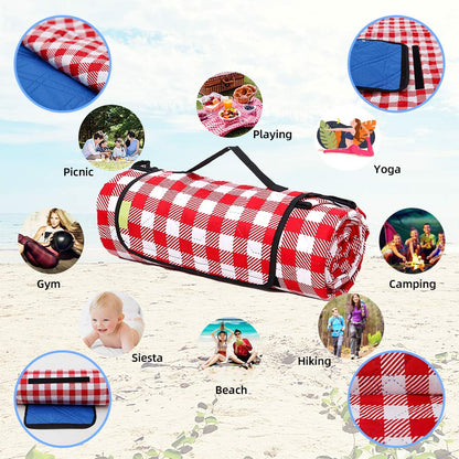 Three Donkeys Machine Washable Extra Large Picnic & Beach Blanket Handy Mat Plus Thick Dual Layers Sandproof Waterproof Padding Portable for the Family, Friends, Kids, 79"x79" (Red and white)