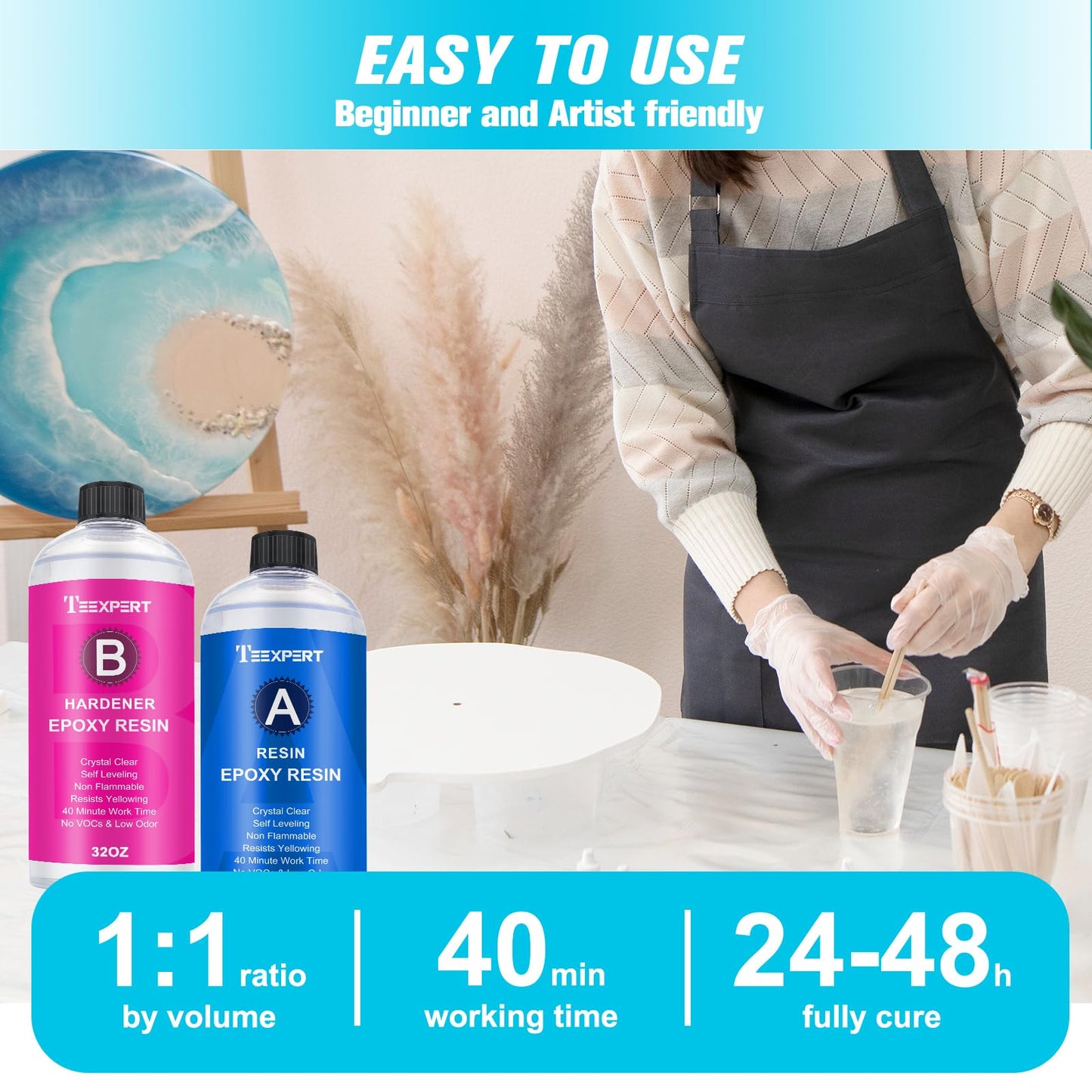 Teexpert Epoxy Resin Crystal Clear: 64OZ Epoxy Resin kit Fast Curing Heat Resistant for Casting Coating Art DIY Craft Jewelry Wood Table Top Flower Preservation- 2 Part(32OZ Resin and 32OZ Hardener)