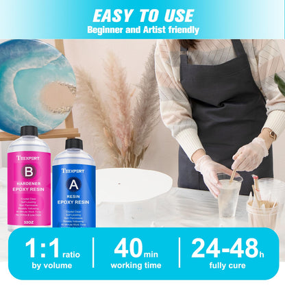 Teexpert Epoxy Resin Crystal Clear: 64OZ Epoxy Resin kit Fast Curing Heat Resistant for Casting Coating Art DIY Craft Jewelry Wood Table Top Flower Preservation- 2 Part(32OZ Resin and 32OZ Hardener)