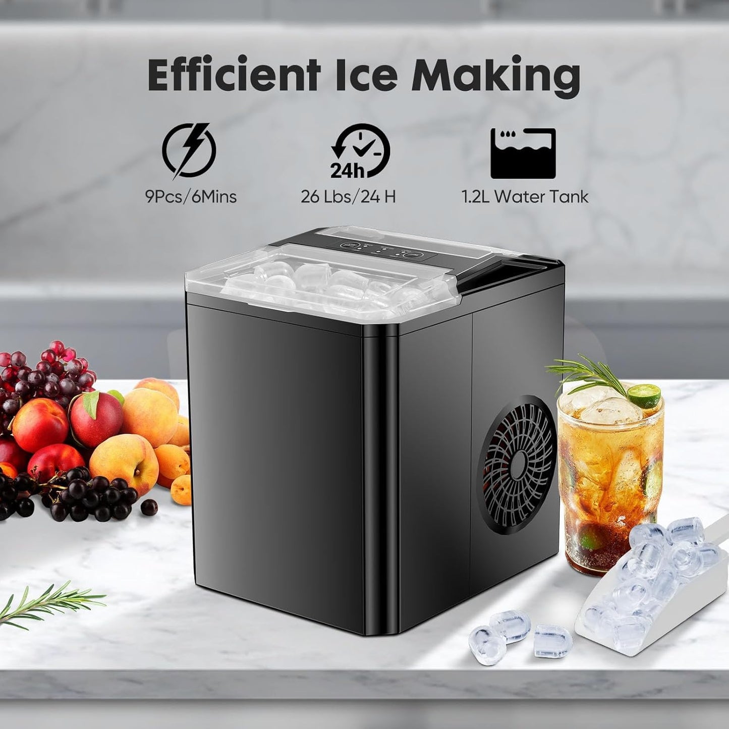 Sweetcrispy Countertop Ice Maker, Portable Ice Machine Self-Cleaning, 9 Cubes in 6 Mins, 26 lbs/24Hrs, 2 Sizes of Bullet Ice for Home Party Office,Elegant Black
