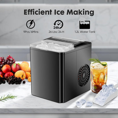 Sweetcrispy Countertop Ice Maker, Portable Ice Machine Self-Cleaning, 9 Cubes in 6 Mins, 26 lbs/24Hrs, 2 Sizes of Bullet Ice for Home Party Office,Elegant Black