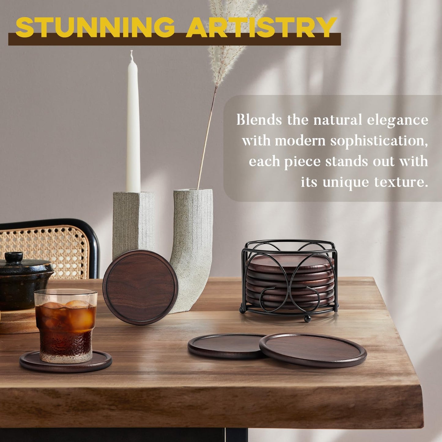 Wood Coasters with Metal Holder, GOH DODD Set of 6 Walnut Wooden Coaster Tabletop Protection for Drinks Coffee Table Home Kitchen Office Bar Living Room Decor Housewarming Gifts Wedding Party, 4 Inch