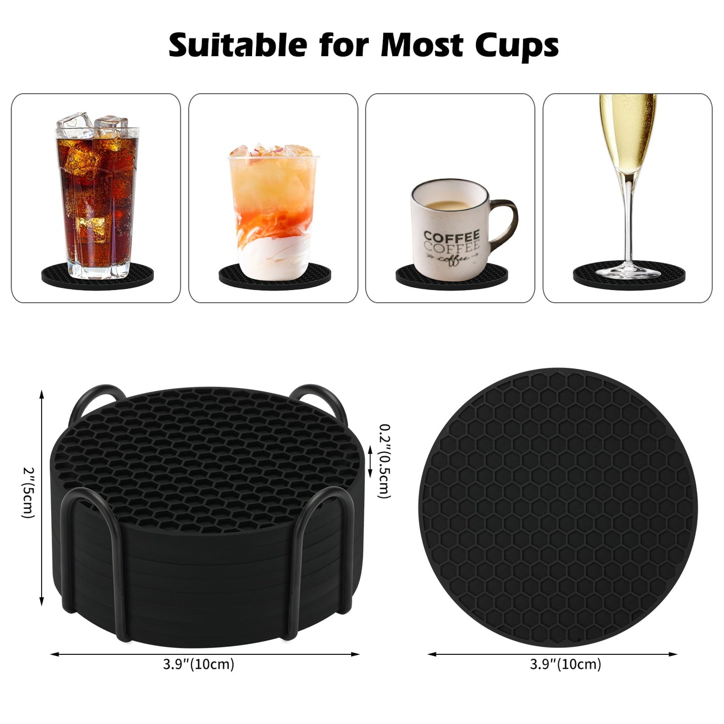 TWTLi Silicone Coasters Set of 8 with Holder,Coasters for Drinks,Beer,Coffee Coasters,Suitable for Kinds Cups,Hot or Cold,Anti-SLI,Non-Stick,Anti-Overflow Tabletop Protection and Decor (8 Pcs, Black)