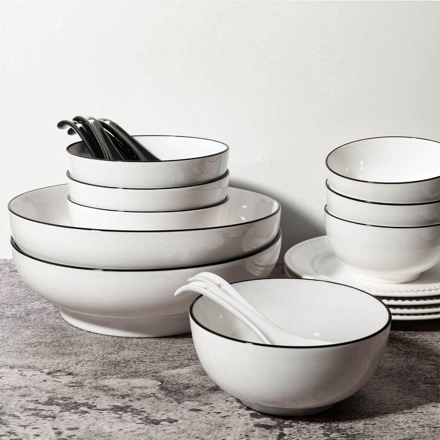 Wareland Black Ceramic Soup Spoons Set, 6.75 inch Deep Oval Hook Design, Dishwasher Safe - Perfect for Ramen, Pho, Noodles, Stews, Wonton, Dumpling, Miso