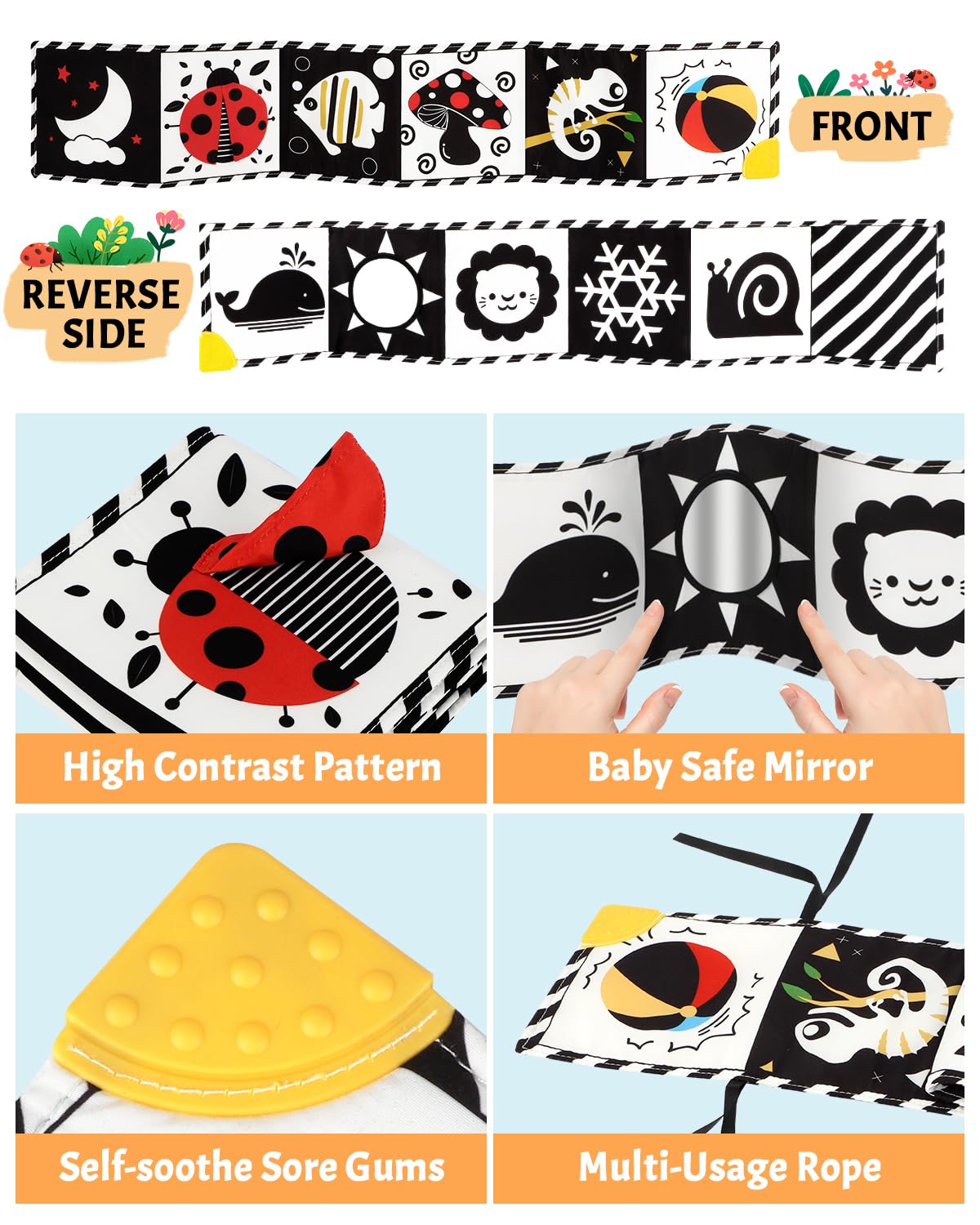 Tummy Time Toys, High Contrast Baby Book with Mirror & Teether, Black and White Infant Books, 0-6-12 Months Soft Book for Newborn, Sensory Books, Tummy Time Car Seat Toys 0-6 Month Boy Girl Gift