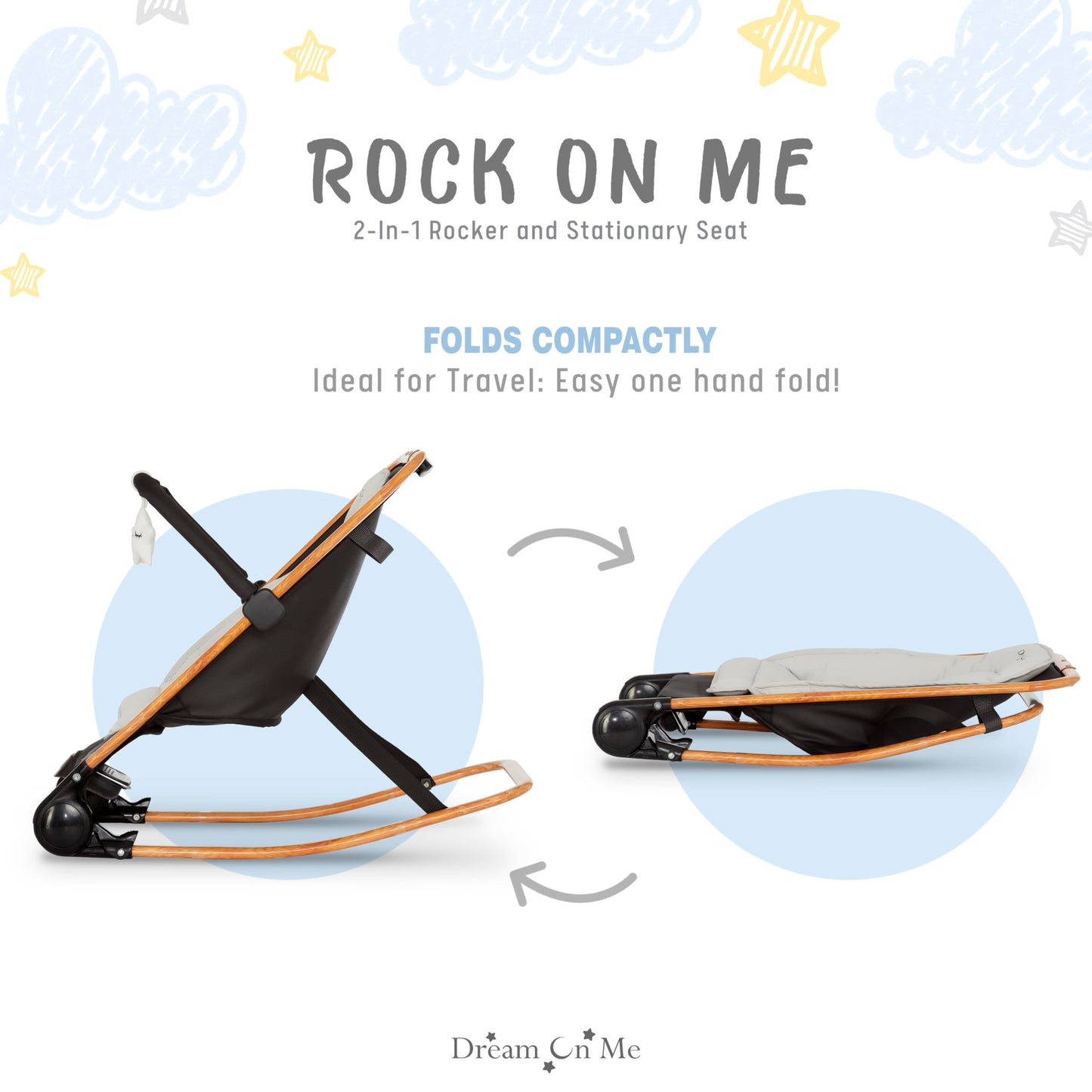 Dream on Me Rock with me 2-in-1 Rocker and Stationary Seat | Compact Portable Infant Rocker with Removable Toys Bar & Hanging Toys in Black & Grey