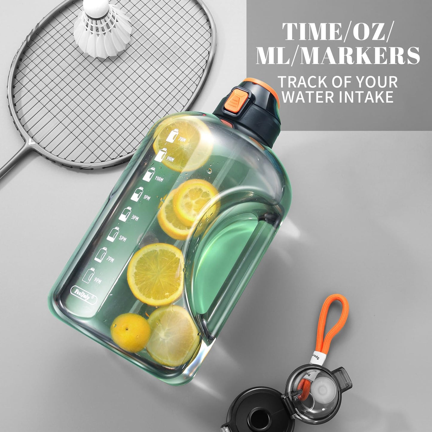 Feeljuly 1 Gallon Water Bottle with Straw, 128 oz Large Water Jug with Times to Drink, Reusable Leak Proof with Handle, 2 Lids BPA Free Big Sports Bottles for Fitness Gym Camping (Grey, 128 Ounces)