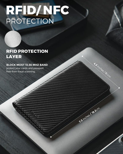 VULKIT Passport Wallet RFID Blocking Travel Wallet for Men & Women, Long Size, Carbon Fiber Black