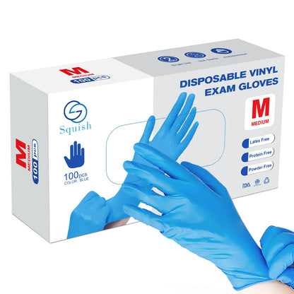 squish Disposable Gloves, Blue 4 mil Vinyl Synmax Blend Exam Gloves Non Sterile, Powder Free, Latex Free - Cleaning Supplies, Kitchen and Food Safe(Pack of 100) (Blue Medium)