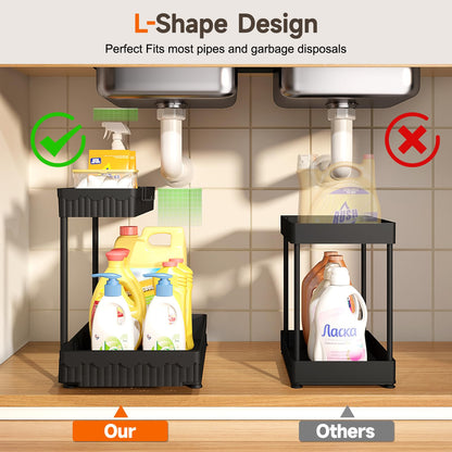 Sevenblue 3 Pack Multi-Purpose Under Sink Organizers and Storage, 2025 L-Shaped Pull Out Cabinet Organizer for Bathroom & Kitchen, Under Cabinet Organizer with Hooks Hanging Cup, Black