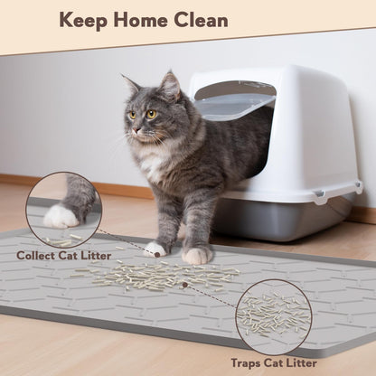 Garoopion Cat Mat for Litter Box, Large 34" X 22" Cat Litter Mat, Waterproof Silicone Pad for Floor, Gray